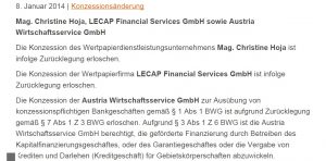 FMA Presseaussendung vom 08.01.2014 - Screenschot FMA