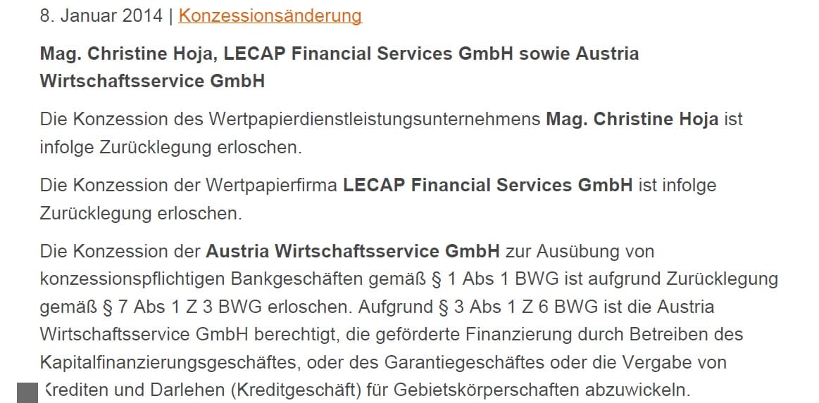 FMA Presseaussendung vom 08.01.2014 - Screenschot FMA