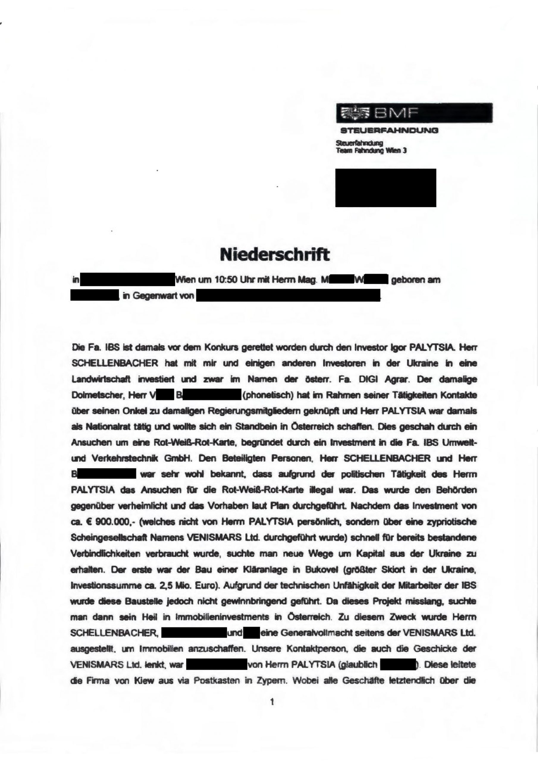 Niederschrift Steuerfahndung 1 - Faksimile