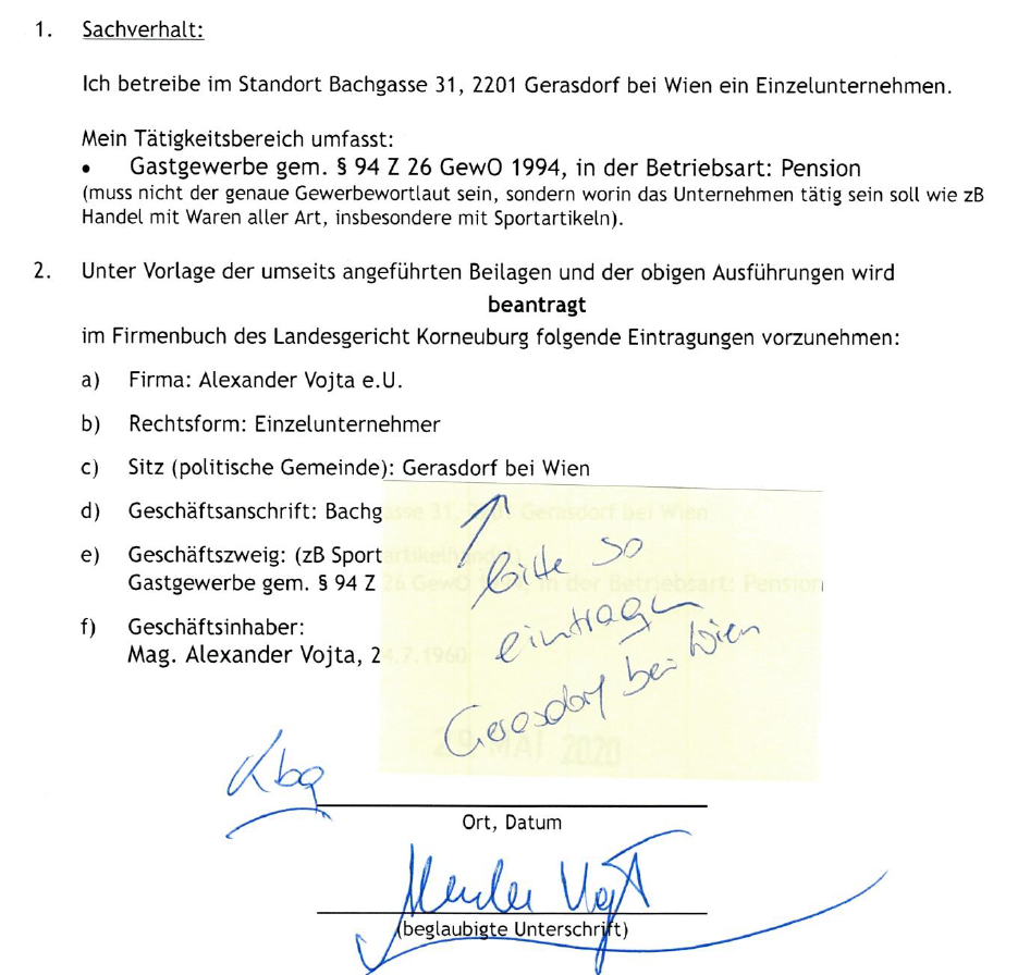 Screenshot aus dem Antrag von Alexander Vojta beim Landesgericht Korneuburg
