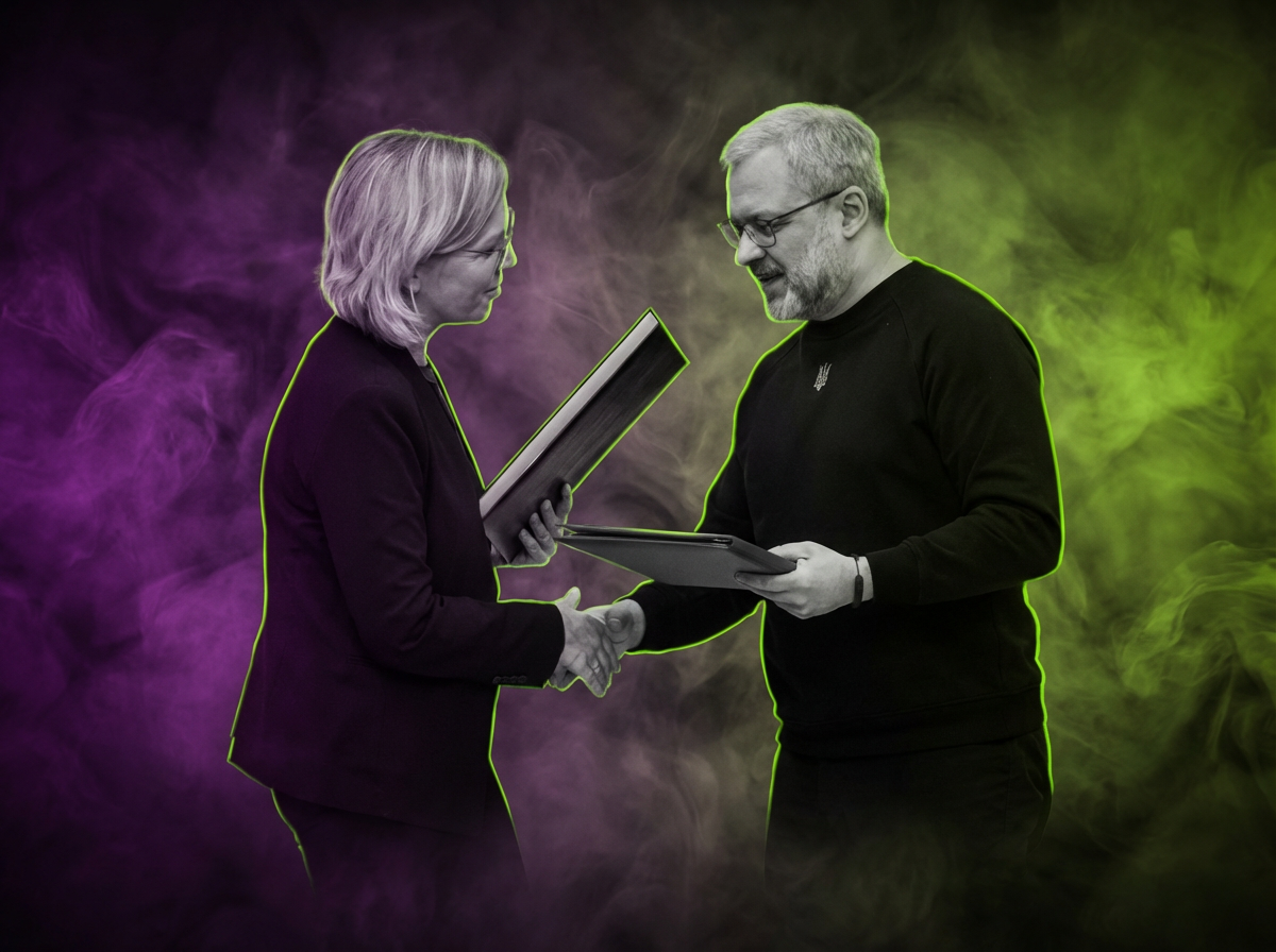 Lenore Gewessler und Herman Haluschtschenko - Energieministerium der Ukraine - mev.gov.ua - Runway FoB AI