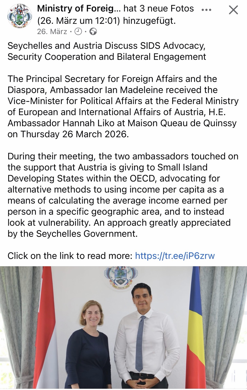 Das Posting der Regierung der Seychellen zum Besuch aus Österreich