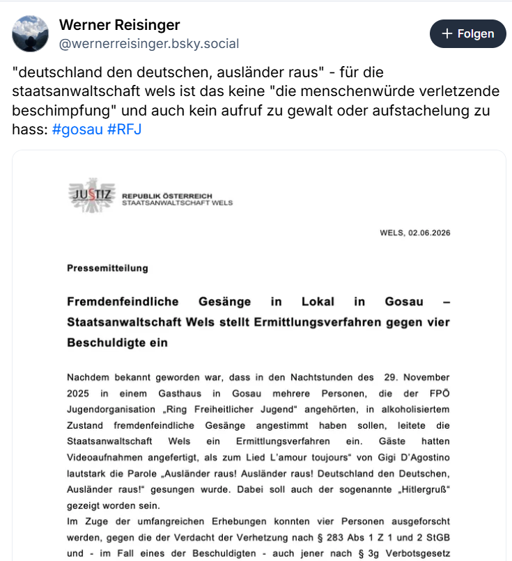 Das aktuelle Posting zur Entscheidung der Staatsanwaltschaft Wels